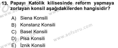 Ortaçağ-Yeniçağ Avrupa Tarihi Dersi 2017 - 2018 Yılı (Vize) Ara Sınavı 13. Soru