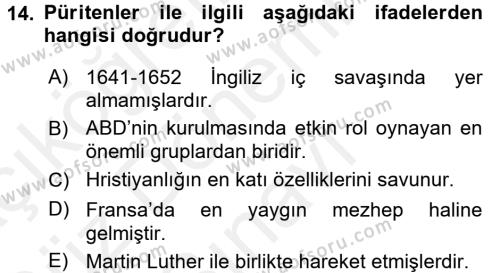 Ortaçağ-Yeniçağ Avrupa Tarihi Dersi 2017 - 2018 Yılı (Final) Dönem Sonu Sınavı 14. Soru