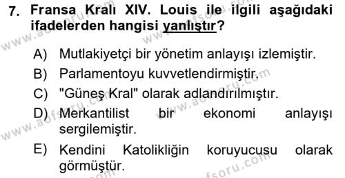 Ortaçağ-Yeniçağ Avrupa Tarihi Dersi 2018 - 2019 Yılı (Final) Dönem Sonu Sınavı 7. Soru