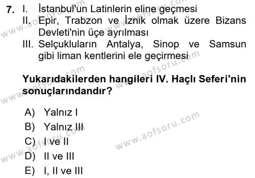 Ortaçağ-Yeniçağ Avrupa Tarihi Dersi 2019 - 2020 Yılı (Vize) Ara Sınavı 7. Soru