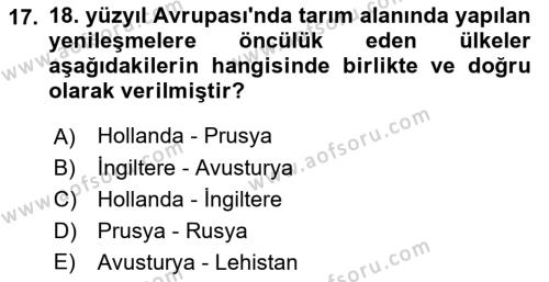 Ortaçağ-Yeniçağ Avrupa Tarihi Dersi 2019 - 2020 Yılı (Final) Dönem Sonu Sınavı 17. Soru