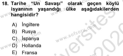 Ortaçağ-Yeniçağ Avrupa Tarihi Dersi 2019 - 2020 Yılı (Final) Dönem Sonu Sınavı 18. Soru