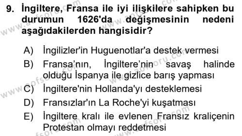 Ortaçağ-Yeniçağ Avrupa Tarihi Dersi 2019 - 2020 Yılı (Final) Dönem Sonu Sınavı 9. Soru