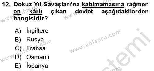 Ortaçağ-Yeniçağ Avrupa Tarihi Dersi 2020 - 2021 Yılı Yaz Okulu Sınavı 12. Soru