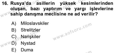 Ortaçağ-Yeniçağ Avrupa Tarihi Dersi 2020 - 2021 Yılı Yaz Okulu Sınavı 16. Soru