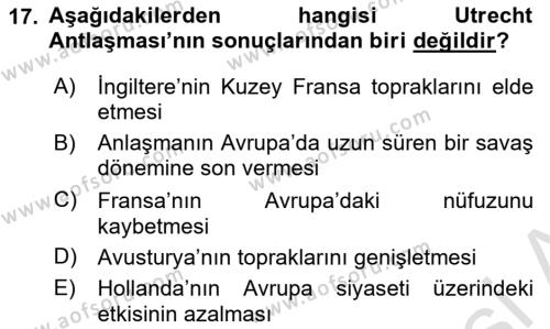 Ortaçağ-Yeniçağ Avrupa Tarihi Dersi 2020 - 2021 Yılı Yaz Okulu Sınavı 17. Soru