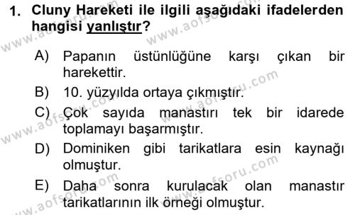 Ortaçağ-Yeniçağ Avrupa Tarihi Dersi 2021 - 2022 Yılı (Vize) Ara Sınavı 1. Soru