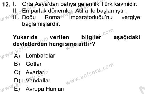 Ortaçağ-Yeniçağ Avrupa Tarihi Dersi 2021 - 2022 Yılı (Vize) Ara Sınavı 12. Soru