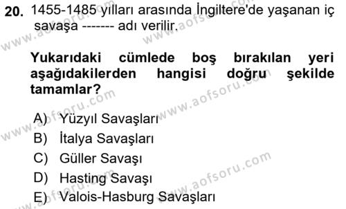 Ortaçağ-Yeniçağ Avrupa Tarihi Dersi 2021 - 2022 Yılı (Vize) Ara Sınavı 20. Soru