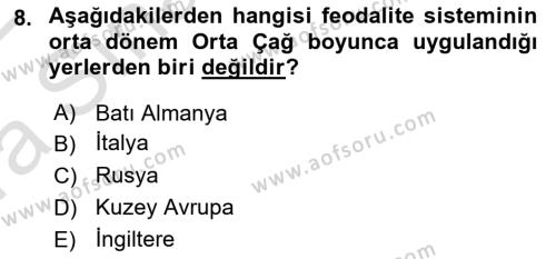 Ortaçağ-Yeniçağ Avrupa Tarihi Dersi 2021 - 2022 Yılı (Vize) Ara Sınavı 8. Soru