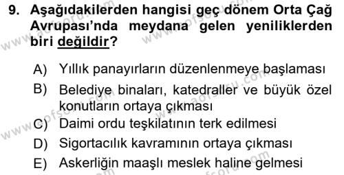 Ortaçağ-Yeniçağ Avrupa Tarihi Dersi 2021 - 2022 Yılı (Vize) Ara Sınavı 9. Soru