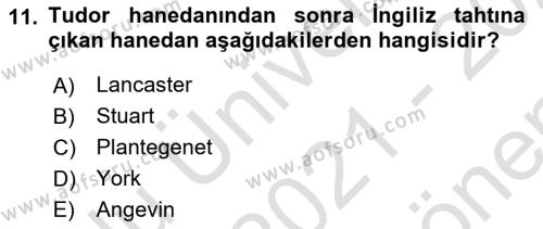 Ortaçağ-Yeniçağ Avrupa Tarihi Dersi 2021 - 2022 Yılı (Final) Dönem Sonu Sınavı 11. Soru