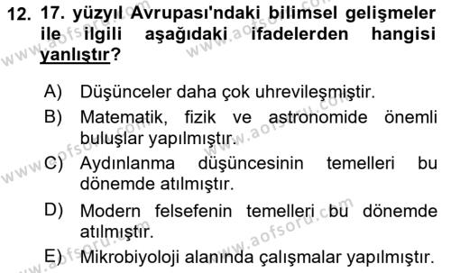 Ortaçağ-Yeniçağ Avrupa Tarihi Dersi 2021 - 2022 Yılı (Final) Dönem Sonu Sınavı 12. Soru