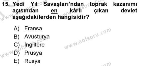 Ortaçağ-Yeniçağ Avrupa Tarihi Dersi 2021 - 2022 Yılı (Final) Dönem Sonu Sınavı 15. Soru