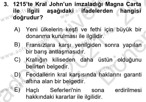 Ortaçağ-Yeniçağ Avrupa Tarihi Dersi 2021 - 2022 Yılı (Final) Dönem Sonu Sınavı 3. Soru