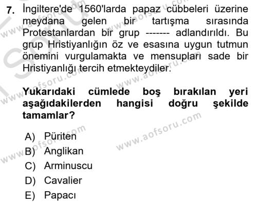 Ortaçağ-Yeniçağ Avrupa Tarihi Dersi 2021 - 2022 Yılı (Final) Dönem Sonu Sınavı 7. Soru