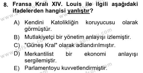 Ortaçağ-Yeniçağ Avrupa Tarihi Dersi 2021 - 2022 Yılı (Final) Dönem Sonu Sınavı 8. Soru