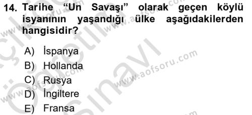 Ortaçağ-Yeniçağ Avrupa Tarihi Dersi 2021 - 2022 Yılı Yaz Okulu Sınavı 14. Soru