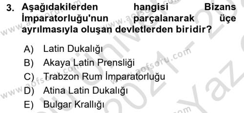 Ortaçağ-Yeniçağ Avrupa Tarihi Dersi 2021 - 2022 Yılı Yaz Okulu Sınavı 3. Soru