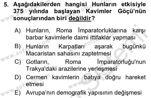 Ortaçağ-Yeniçağ Avrupa Tarihi Dersi 2021 - 2022 Yılı Yaz Okulu Sınavı 5. Soru