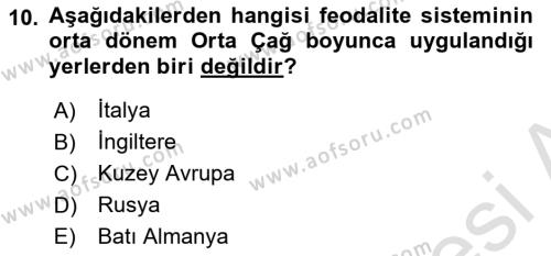 Ortaçağ-Yeniçağ Avrupa Tarihi Dersi 2022 - 2023 Yılı (Vize) Ara Sınavı 10. Soru