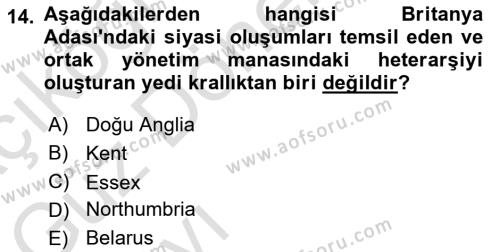 Ortaçağ-Yeniçağ Avrupa Tarihi Dersi 2022 - 2023 Yılı (Vize) Ara Sınavı 14. Soru