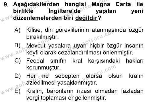 Ortaçağ-Yeniçağ Avrupa Tarihi Dersi 2022 - 2023 Yılı (Vize) Ara Sınavı 9. Soru