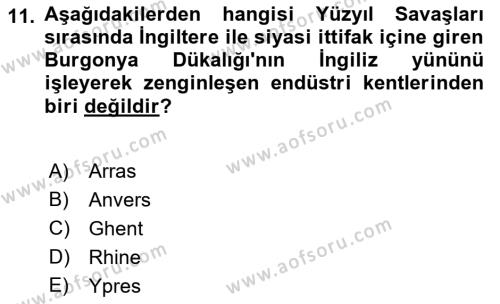 Ortaçağ-Yeniçağ Avrupa Tarihi Dersi 2023 - 2024 Yılı (Vize) Ara Sınavı 11. Soru