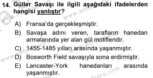 Ortaçağ-Yeniçağ Avrupa Tarihi Dersi 2023 - 2024 Yılı (Vize) Ara Sınavı 14. Soru