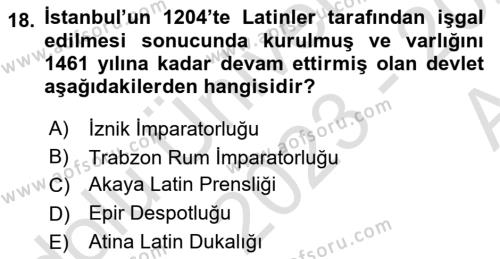 Ortaçağ-Yeniçağ Avrupa Tarihi Dersi 2023 - 2024 Yılı (Vize) Ara Sınavı 18. Soru