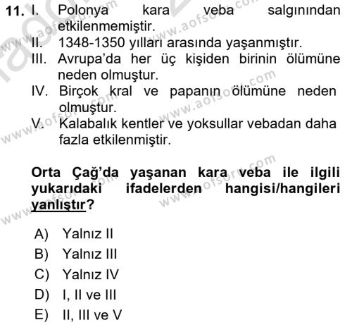 Ortaçağ-Yeniçağ Avrupa Tarihi Dersi 2024 - 2025 Yılı (Vize) Ara Sınavı 11. Soru