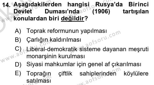 Rusya Tarihi Dersi 2020 - 2021 Yılı Yaz Okulu Sınavı 14. Soru