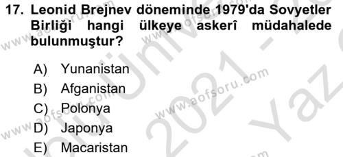 Rusya Tarihi Dersi 2021 - 2022 Yılı Yaz Okulu Sınavı 17. Soru