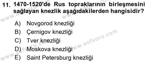 Rusya Tarihi Dersi 2023 - 2024 Yılı (Vize) Ara Sınavı 11. Soru