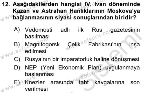 Rusya Tarihi Dersi 2023 - 2024 Yılı (Vize) Ara Sınavı 12. Soru