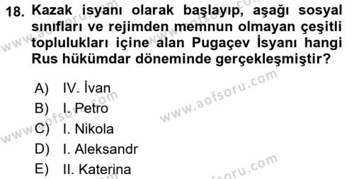 Rusya Tarihi Dersi 2023 - 2024 Yılı (Vize) Ara Sınavı 18. Soru