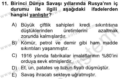 Rusya Tarihi Dersi 2023 - 2024 Yılı (Final) Dönem Sonu Sınavı 11. Soru