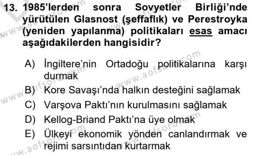 Rusya Tarihi Dersi 2023 - 2024 Yılı (Final) Dönem Sonu Sınavı 13. Soru