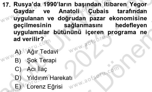 Rusya Tarihi Dersi 2023 - 2024 Yılı (Final) Dönem Sonu Sınavı 17. Soru