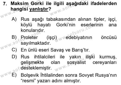 Rusya Tarihi Dersi 2023 - 2024 Yılı (Final) Dönem Sonu Sınavı 7. Soru