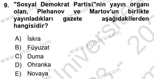 Rusya Tarihi Dersi 2023 - 2024 Yılı (Final) Dönem Sonu Sınavı 9. Soru