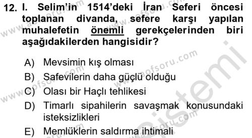 Osmanlı Tarihi (1299-1566) Dersi 2021 - 2022 Yılı (Final) Dönem Sonu Sınavı 12. Soru
