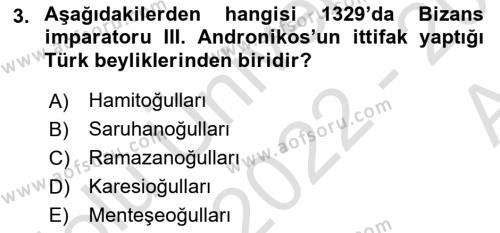 Osmanlı Tarihi (1299-1566) Dersi 2022 - 2023 Yılı (Vize) Ara Sınavı 3. Soru