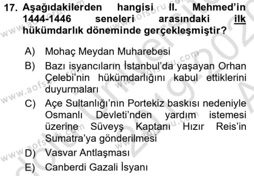 Osmanlı Tarihi (1300-1566) Dersi 2019 - 2020 Yılı (Vize) Ara Sınavı 17. Soru