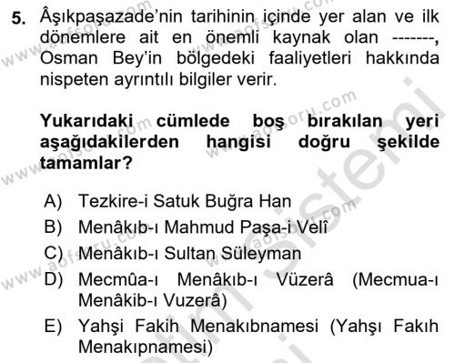 Osmanlı Tarihi (1300-1566) Dersi 2019 - 2020 Yılı (Vize) Ara Sınavı 5. Soru