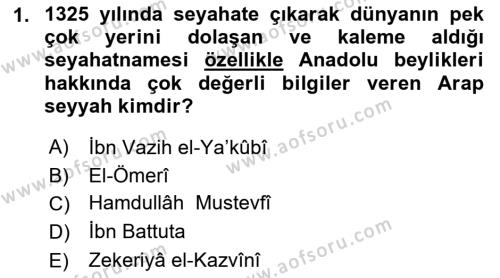 Osmanlı Tarihi (1300-1566) Dersi 2021 - 2022 Yılı (Vize) Ara Sınavı 1. Soru