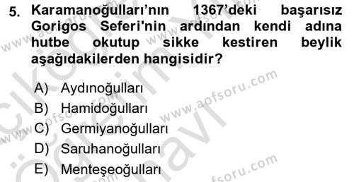 Osmanlı Tarihi (1300-1566) Dersi 2022 - 2023 Yılı Yaz Okulu Sınavı 5. Soru