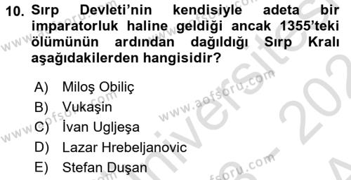 Osmanlı Tarihi (1300-1566) Dersi 2023 - 2024 Yılı (Vize) Ara Sınavı 10. Soru