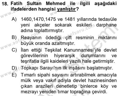 Osmanlı Tarihi (1300-1566) Dersi 2023 - 2024 Yılı (Vize) Ara Sınavı 18. Soru