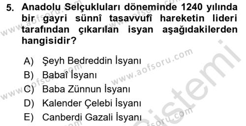 Osmanlı Tarihi (1300-1566) Dersi 2023 - 2024 Yılı (Vize) Ara Sınavı 5. Soru